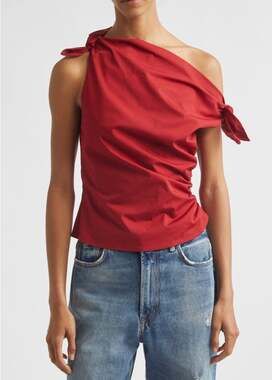 STAUD Bellaria One-Shoulder Stretch Cotton Top in Red, Size 8 (New)